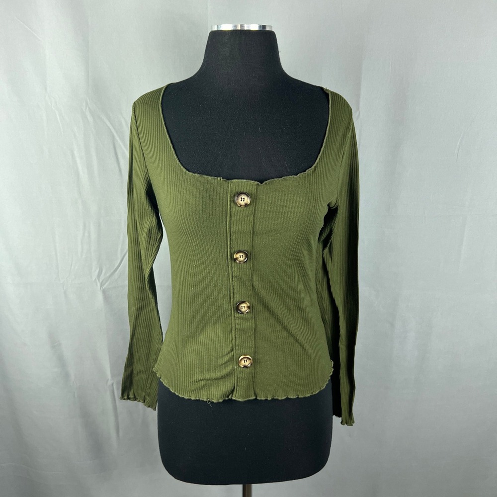 Sonoma Cropped Top Womens Medium Olive Green Stretch Ribbed Knit Long Sleeve